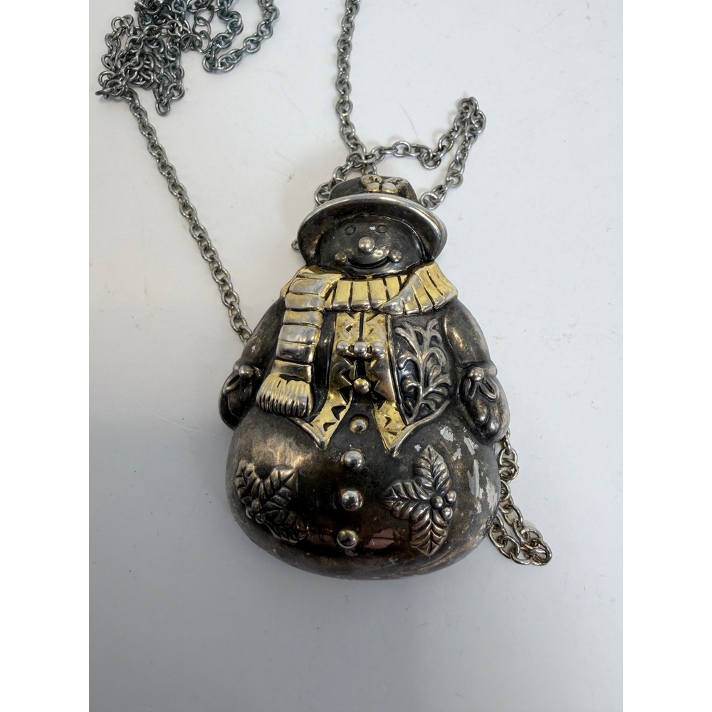 Vintage Best Snowman Pendant‎ Necklace Brooch Two Tone Silver Gold Tone Holiday